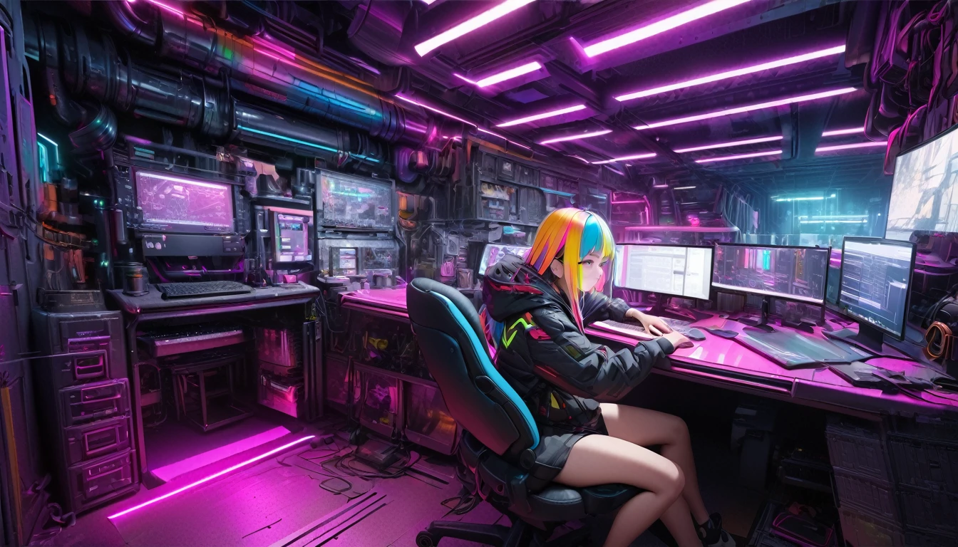 (best quality, masterpiece, ultra detailed, ultra high res, photorealistic, raw photo, absolutely resolution), Cyberpunk, 20 year old woman, sitting on a chair and working on a computer, mechanical room, neon, Colorful rooms, colorful clothes, colorful hair colors