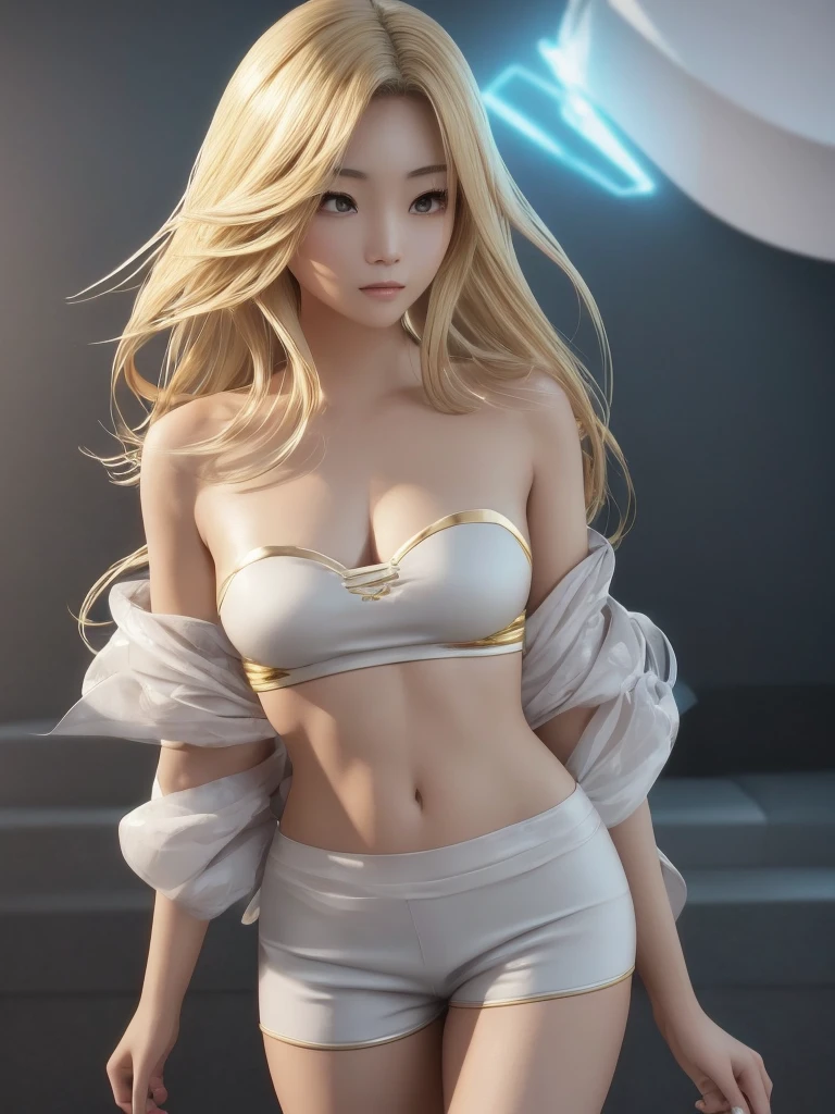 tiktok girl, close up (standing:1.21) blonde hair, long-hair, victorian era , white microskirt, crop top, shirtlift, in a space ship, jewelry, (full_body:1.4), (realistic:1.4), masterpiece, high quality, realistic lighting, center of frame, 8k, hdr, amateur, (freckles:0.84) , photography, amateur