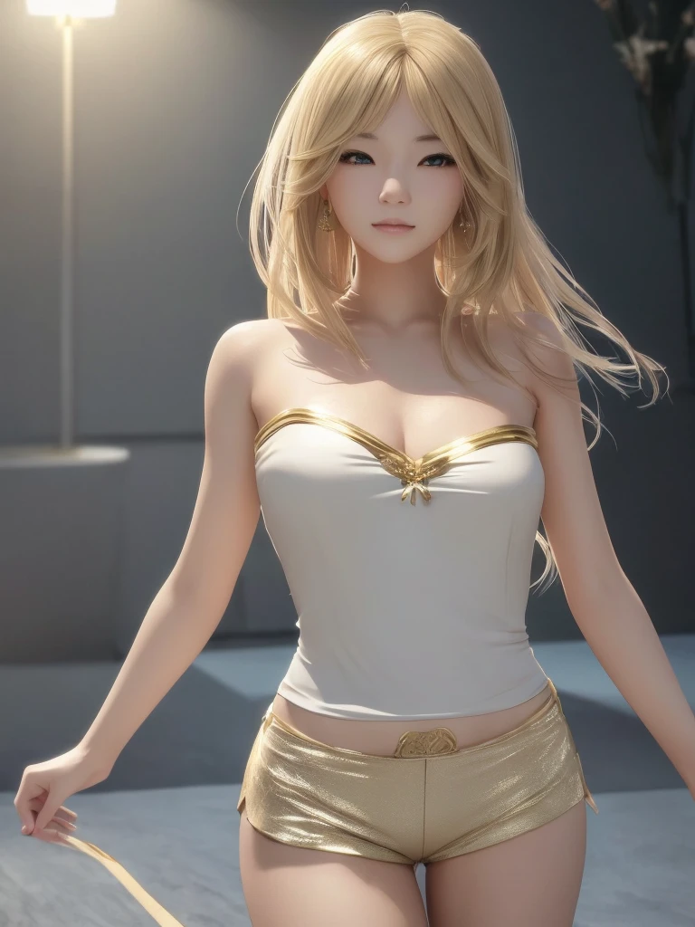Realistic Beautiful half-Chinese-Japanese woman with light blond hair, her hair is medium length. Wear a white, gold-trimmed outfit with a strapless top and shorts. She is a very mysterious and sexy mage,3D rendering