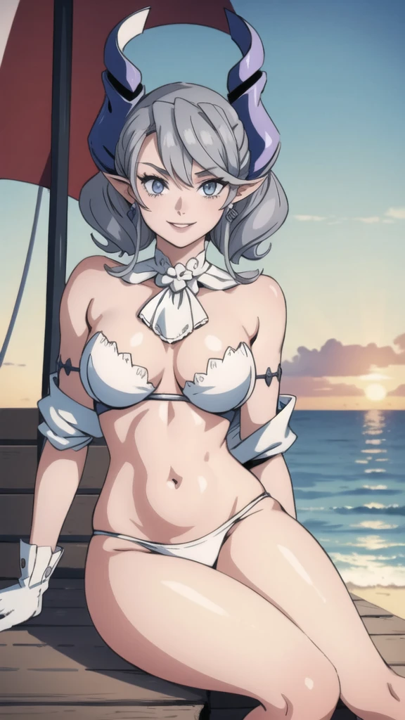 Beautiful arts wallpaper Sunset Outside castle top High level image quality best image quality 8K adult woman on pirate ship with black seals more colors whole body view portrait wearing pure white bikini horn ears short hair((shortcut)(gray hair)(perm)(fluffy)) eye color is blue , , attractive evil face , smile , wering pirate clothes, pirate hat , labrynth ,gloves , barefoot ,