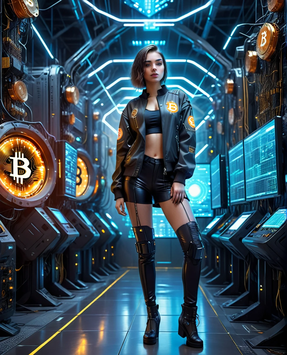 A pretty girl in cyberpunk jacket in a futuristic financial trading hall with high-tech miners mining Bitcoin, the Bitcoin symbol in a technological and electronic scenario, cyberpunk and futuristic, Science fiction, hightech, photo realist, best qualityer