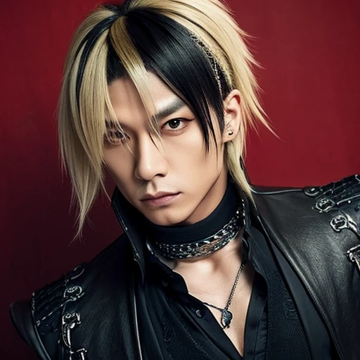 1 japanese male rocker, asien eyes, Visual Kai hairstyle, ultra detailed face and body, hyperrealistic, realistic representation, muscular, broad shoulders, tattoos gothic style, Visual Kei style, hairstyle Visual Kei, blond, 40 years old, age 40 outfit gothic streampunk, men's shirt and black pants, Asian eyes, eyes Asian, long hair, long hair