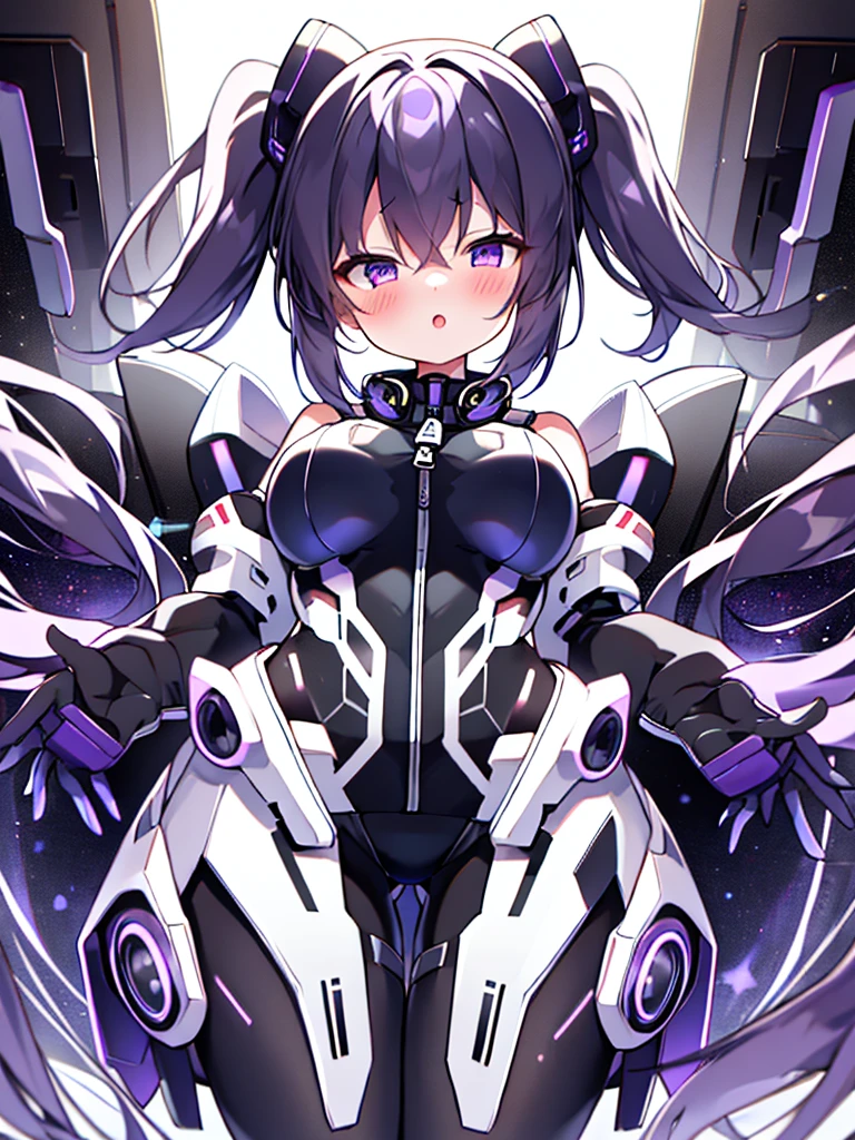Very detailed、masterpiece、high quality、one high school girl、、、(Black and white spacesuit、accent)、Front zipper、(Futuristic, Tight-fitting bodysuit)、headphone、Cyberpunk space station interior background、(Colorful purple hair),ロングTwin tails, (Pink Eyes), change,Twin tails,sassy change,cheey change,mesugaki,girl,天才girl、(Large Breasts):1.0,(blush):1.1、Hello、