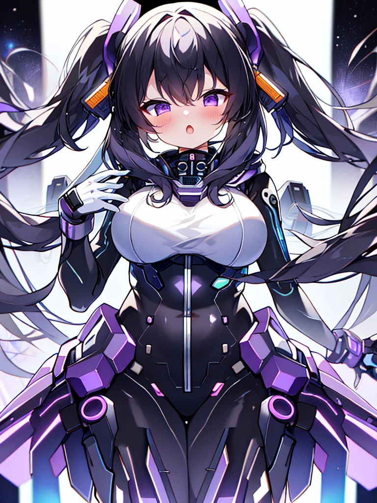 Very detailed、masterpiece、high quality、one high school girl、、、(Black and white spacesuit、accent)、Front zipper、(Futuristic, Tight-fitting bodysuit)、headphone、Cyberpunk space station interior background、(Colorful purple hair),ロングTwin tails, (Pink Eyes), change,Twin tails,sassy change,cheey change,mesugaki,girl,天才girl、(Large Breasts):1.0,(blush):1.1、Hello、