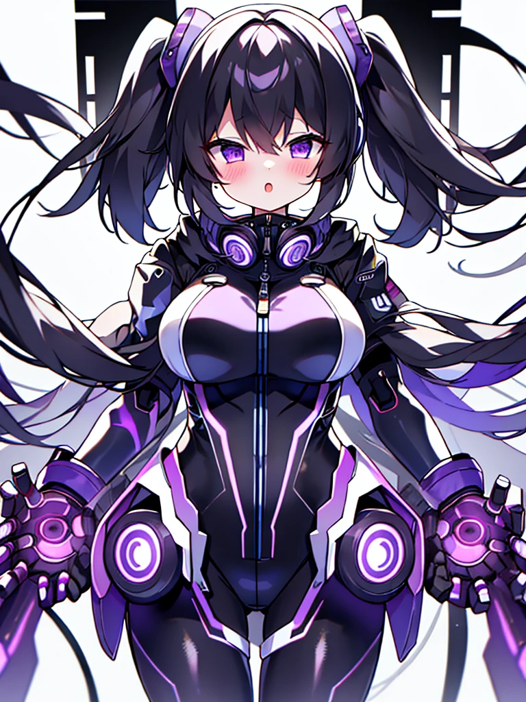 Very detailed、masterpiece、high quality、one high school girl、12 years old、、(Black and white spacesuit、accent)、Front zipper、(Futuristic, Tight-fitting bodysuit)、headphone、Cyberpunk space station interior background、(Colorful purple hair),ロングTwin tails, (Pink Eyes), change,Twin tails,sassy change，cheey change，mesugaki,girl,天才girl、(Large Breasts):1.0,(blush):1.1、Hello、