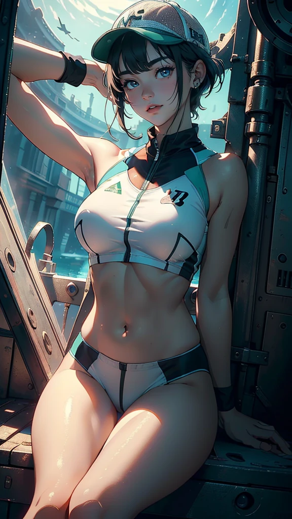 1 woman, 20 years old, alone, sitting on the floor, (background: in a submarine), short hair, straight hair, bangs, fat, naked, very large, bare nipples, nipples, navel, (((masterpiece) , (Highly detailed CG Unity 8k wallpaper), highest quality, cinematic lighting, detailed background, (very stylish and beautiful), (beautiful and delicate rendering of eyes), highly detailed, masterpiece), high resolution, super detailed, (wear：Athletics transparent official jersey, athletics jersey, official cap