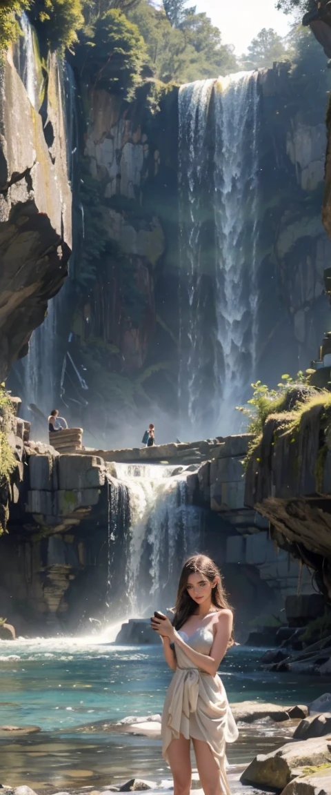 young woman photography of a waterfall with her cell phone, next to waterfall, with waterfall, standing in front of waterfall, with waterfall, standing near waterfall, full shot of landscape, waterfall in background, with waterfall and river, cell phone photography graphy, waterfall in background, photography, iconic scene,((masterpiece, highest quality, Highest image quality, High resolution, photorealistic, Raw photo, 8K)),