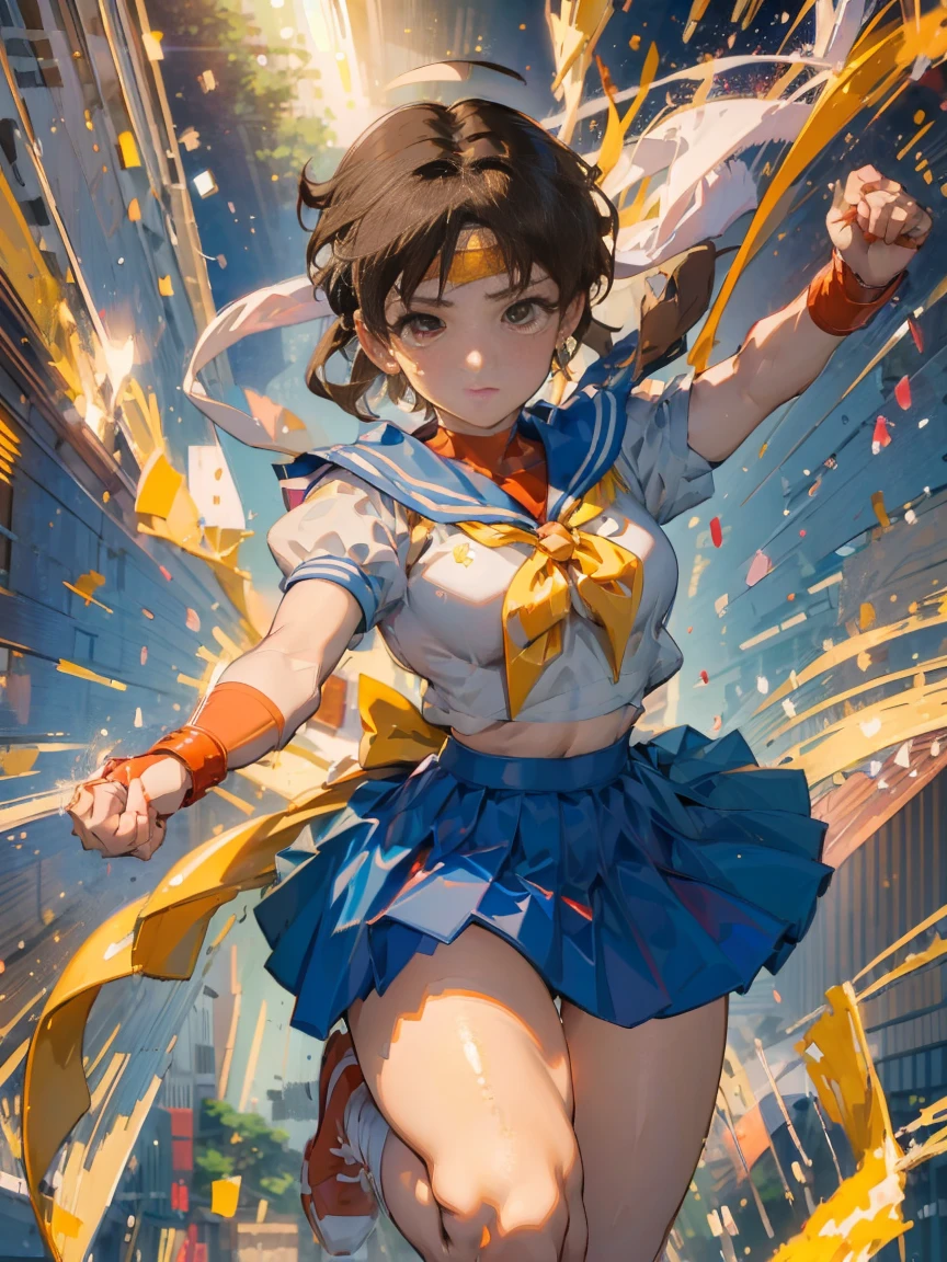 (masterpiece, best quality:1.1), 1girl solo,  kasugano sakura, brown eyes, brown hair, short hair, bangs, ahoge, headband,Sailor Senshi Uniform, , yellow neckerchief, blue skirt, , thighs, , red footwear