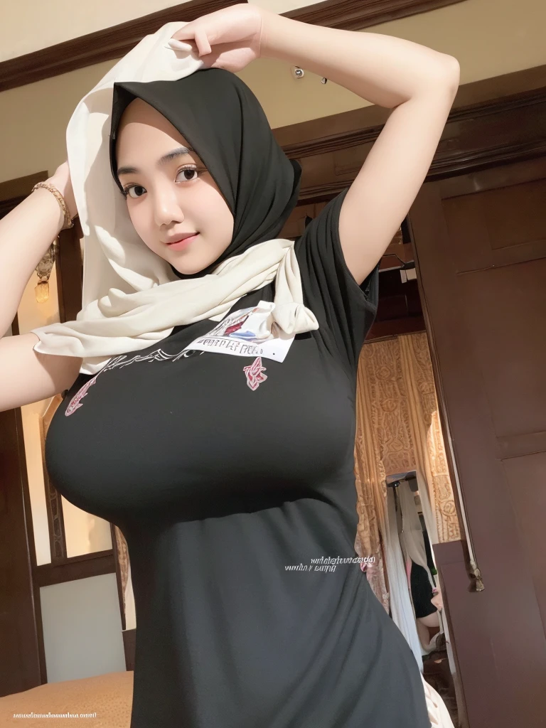 1girl, a young asian woman with muslim clothes,busty,dynamic pose,sexy smile,eye glass,hijab,armpit,hourglass body,sexy body,eye on camera,mosque,monastery,wulandari