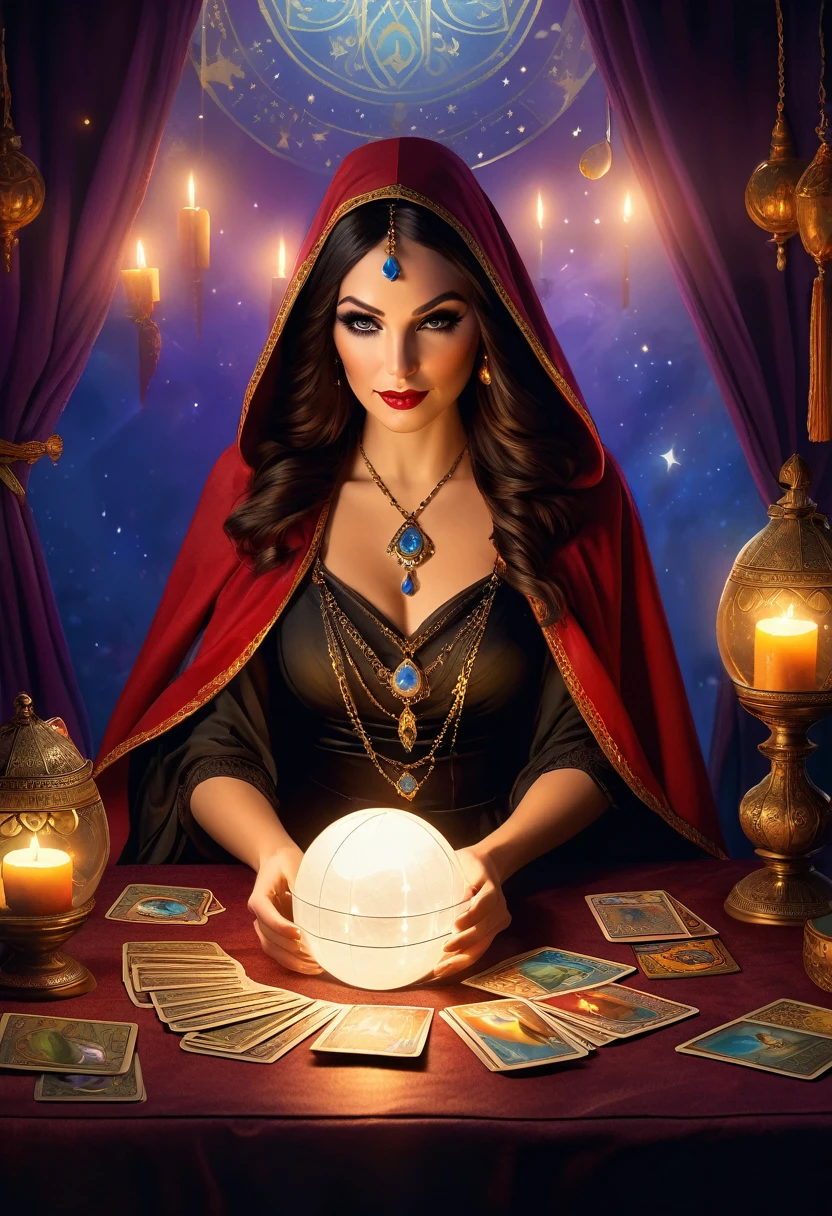 A beautiful and mysterious fortune teller，In a compact and fun environment. Fortune teller wearing a cape, delicate facial features. 

The scene is dimly lit, Create an atmosphere of uncertainty and expectation. Fortune teller sitting at a table, Decorated with tarot cards, crystal ball, and a tarot deck. The table is surrounded by candles, Add a mysterious atmosphere. 

The lights in the room were dim, Cast captivating shadows，Improve the mysterious atmosphere. A fortune teller holding a tarot card, Obtain information about the future by observing its signs. 

The overall artwork should be of the highest quality, The resolution is 4K or 8K. The level of detail must be extremely detailed and realistic, Almost photorealism. 

The art style should reflect the official aesthetic, bright colors，strong contrast. The color tone should enhance the mysterious and eerie theme of the artwork. 

The fortune teller&#39;s cover is decorated with intricate patterns, metal frame with a thickness ratio of 1.5. Also, a pink decorative border should be incorporated into the composition. 

The scene should have a magical atmosphere, like a night sky full of stars. The fortune teller&#39;s expression should convey a sense of mystery and curiosity.