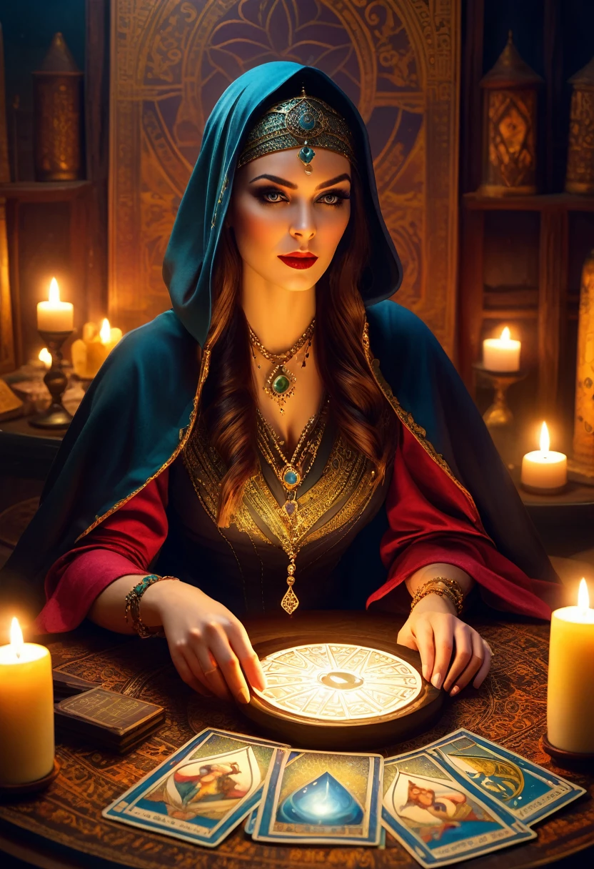 A beautiful and mysterious fortune teller,In a compact and fun environment. Fortune teller wearing a cape, delicate facial features.
The scene is dimly lit, Create an atmosphere of uncertainty and expectation. Fortune teller sitting at a table, Decorated with tarot cards, crystal ball, and a tarot deck. The table is surrounded by candles, Add a mysterious atmosphere.
The lights in the room were dim, Cast captivating shadows,Improve the mysterious atmosphere. A fortune teller holding a tarot card, Obtain information about the future by observing its signs.
The overall artwork should be of the highest quality, The resolution is 4K or 8K. The level of detail must be extremely detailed and realistic, Almost photorealism.
The art style should reflect the official aesthetic, bright colors,strong contrast. The color tone should enhance the mysterious and eerie theme of the artwork.
The fortune teller's cover is decorated with intricate patterns, metal frame with a thickness ratio of 1.5. Also, a pink decorative border should be incorporated into the composition.
The scene should have a magical atmosphere, like a night sky full of stars. The fortune teller's expression should convey a sense of mystery and curiosity.