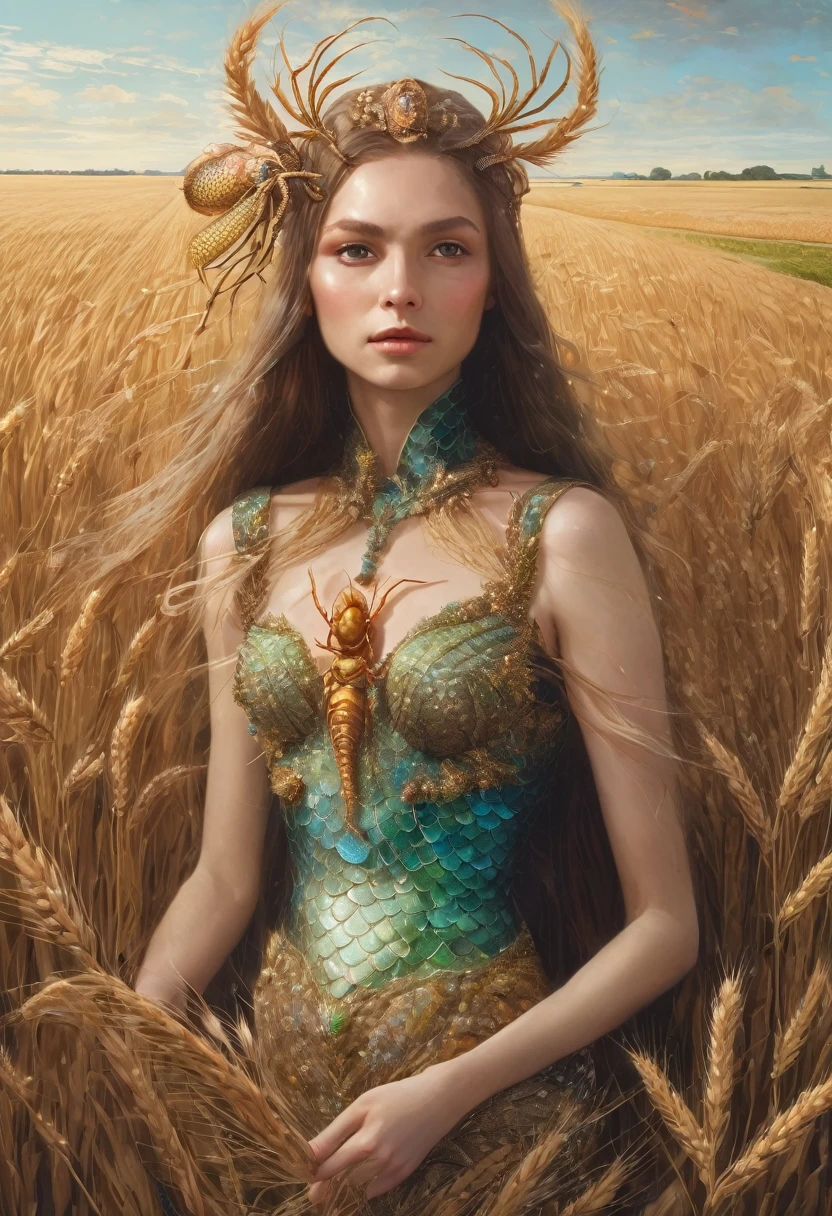 Mermaid in a wheat field, with a spider on the head 