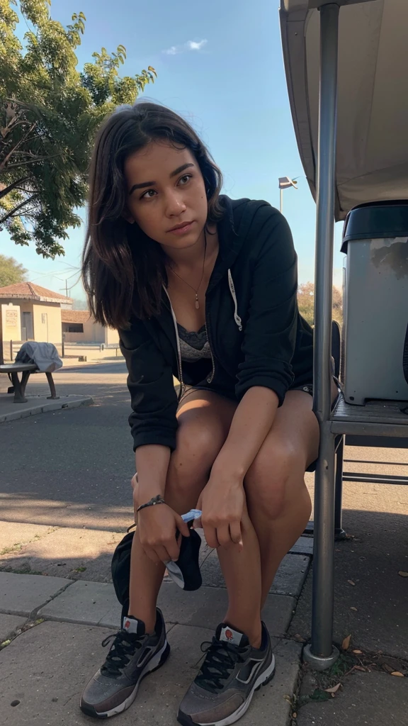 Imagine a photorealistic image of a deserted rest stop at dawn. The first rays of sunlight stretch across the pavement, casting long shadows from the empty picnic tables and trash cans. In the corner of the image, a lone figure sits on a bench, shrouded in the shadow of a pulled-up hood. As the viewer's eye follows the path Evan takes, the figure is gradually revealed to be Ella. The focus of the image tightens on their faces as they stand close, the morning light catching on Ella's skin and highlighting the unspoken emotions in their eyes.