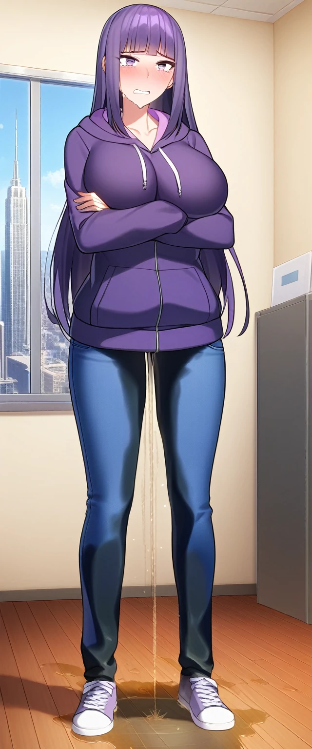 (masterpiece:1.37), best quality, (extremely detailed:1.37), (1girl:1.5), woman, (mature:1.5), (adult:1.5), large breasts, very long hair, (straight hair:1.5), (very dark purple hair:1.5), purple eyes, (extremely detailed eyes:1.37), hoodie, jeans, desperation, (wetting self:2.0), standing, embarrassed, humiliation, blushing, angry, (crossed arms:1.5), office, indoors, window, cityscape, full body