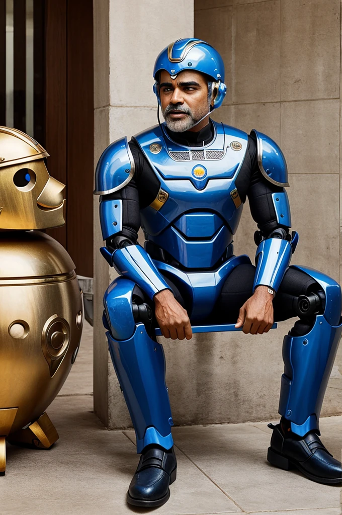 Generate image of hero ram charan speaking with robot