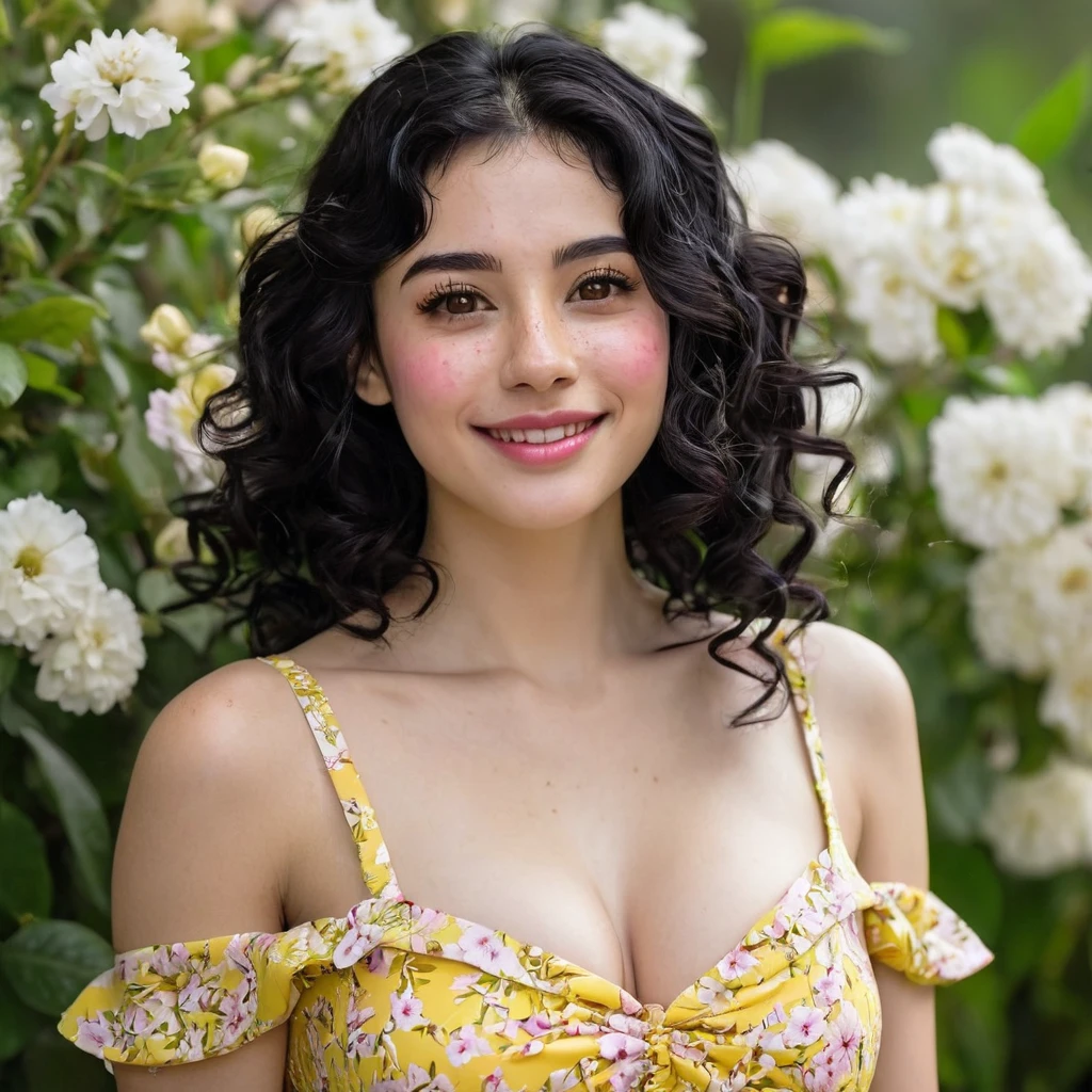 black hair, length below the shoulders, with curls, girl, marked clavicle,skinny, Brown eyes, cachetona, splash nose,almond eyes, long eyelashes, thick fleshy and pink lips, big breasts, yellow dress with white flowers and a tender smile With light freckles