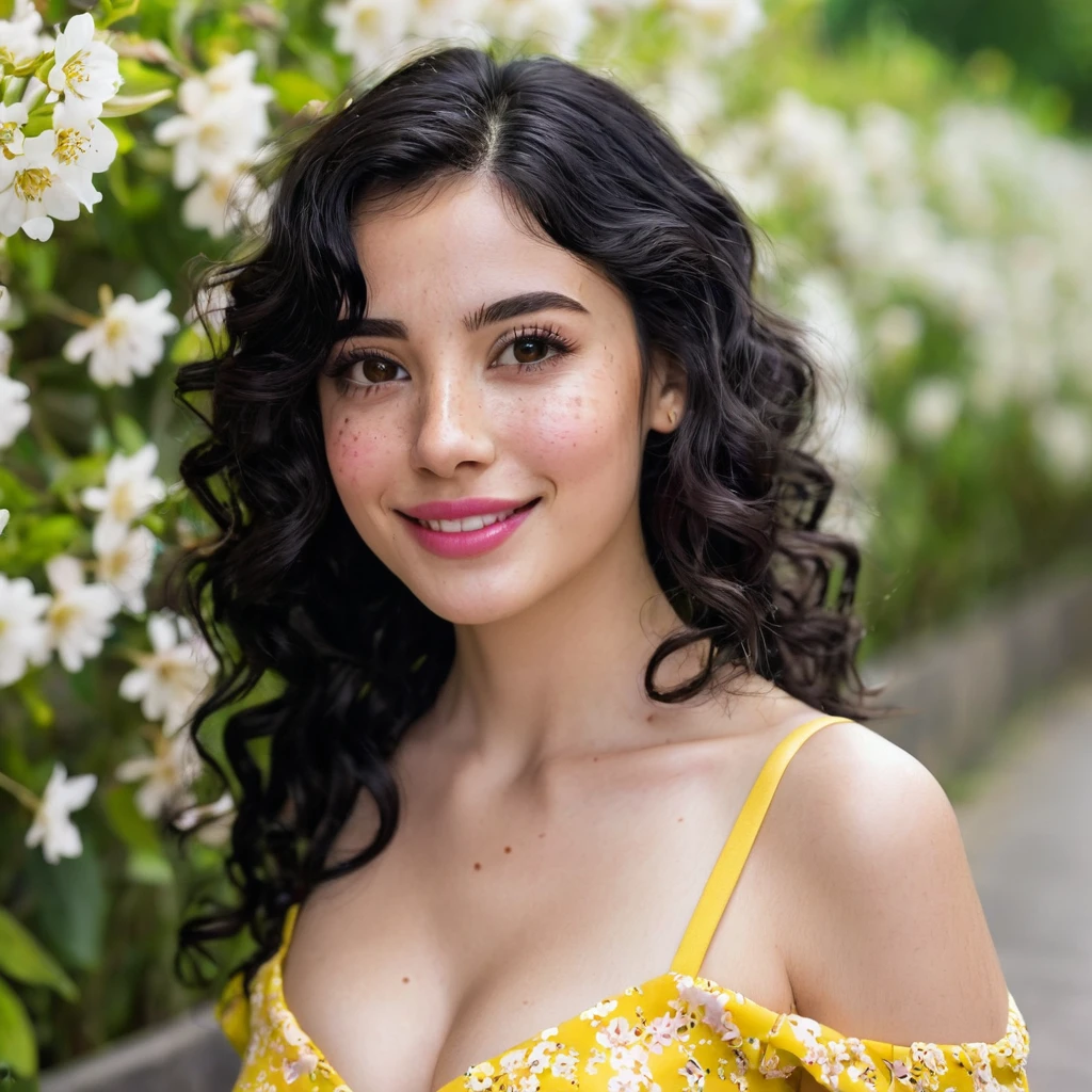 black hair, length below the shoulders,  with curls, girl, marked clavicle,skinny, Brown eyes, cachetona, splash nose,almond eyes, long eyelashes, thick fleshy and pink lips, big breasts, yellow dress with white flowers and a tender smile With light freckles 