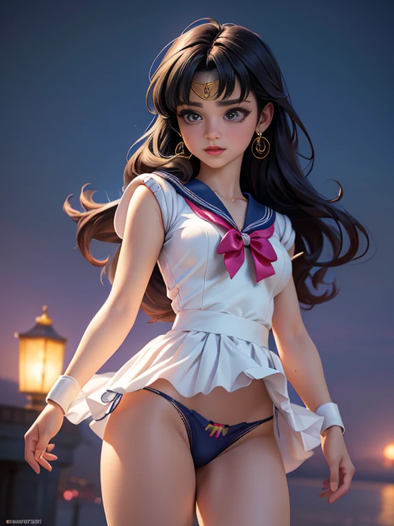 Beautiful girl in a Sailor Moon costume, Very detailed顔と目, Beautiful lip detail, Long and beautiful eyelashes, Sailor Moon Costume, (I can see her panties:1.5), Beautiful and intricate details, Fine creases and texture, Vibrant colors, Dynamic pose, Magical Aura, Moonlight Background, (highest quality,4K,8k,High resolution,masterpiece:1.2),Super detailed,(Realistic,photoRealistic,photo-Realistic:1.37),Digital Painting,Very detailed,Cinema Lighting,Vibrant colors,Dramatic Shadows,Fantasy art