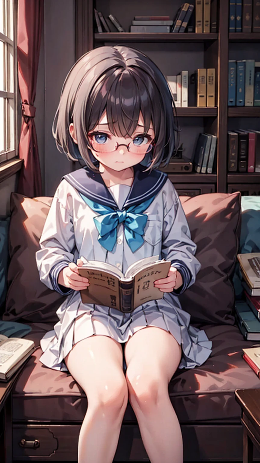 (masterpiece), (best quality), ((very detailed)), (very delicate), (A young girl),, ash short hair. Soft, shiny hair. Clear cyan droopy eyes, long bangs covering her eyes. Wears glasses to avoid eye contact., Neat sailor uniform with a luxurious red ribbon at the neck, Luxurious room with bookshelves and fancy furniture. Often reading books,Shy, always looking down, lacking confidence, on the verge of tears