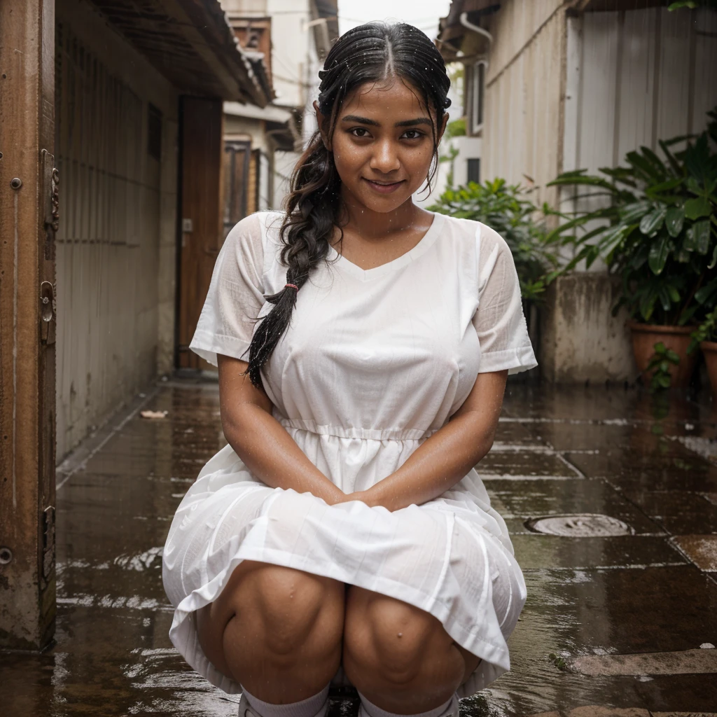(masterpiece:1.2, best quality), (real picture, intricate details), (white , downpour:1.4) A young sad woman sitting in the alley crying and sobbing almost heart broken, the surroundings were silent, only the raindrops sprinkled on the tile eaves of the low houses near and far, making a slight rustling sound. In the cold rain squatting on the ground, Cinematic view, photo realistic image, Sri Lankan school girl, 20 years old, wearing a white frock and a colored tie. She has plaits, black braided long black hair, tanned color, natural skin, Sri Lankan girl, curvy body, huge breast, nipples, wearing short socks and sneakers, smiling, view away of the camera, portrait photo, depth of field. vintage filter