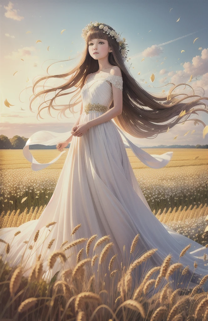 work of art, best qualityer, ultra high resolution, detailded illustration, portraite, detailded, 1 girl standing in the wheat field, standing alone, long hair, don, flowers, white hanfu, ssmile, whole body, white flowers, bared shoulders, very long hair, water hair, cloused mouth, front viewer, bangss,