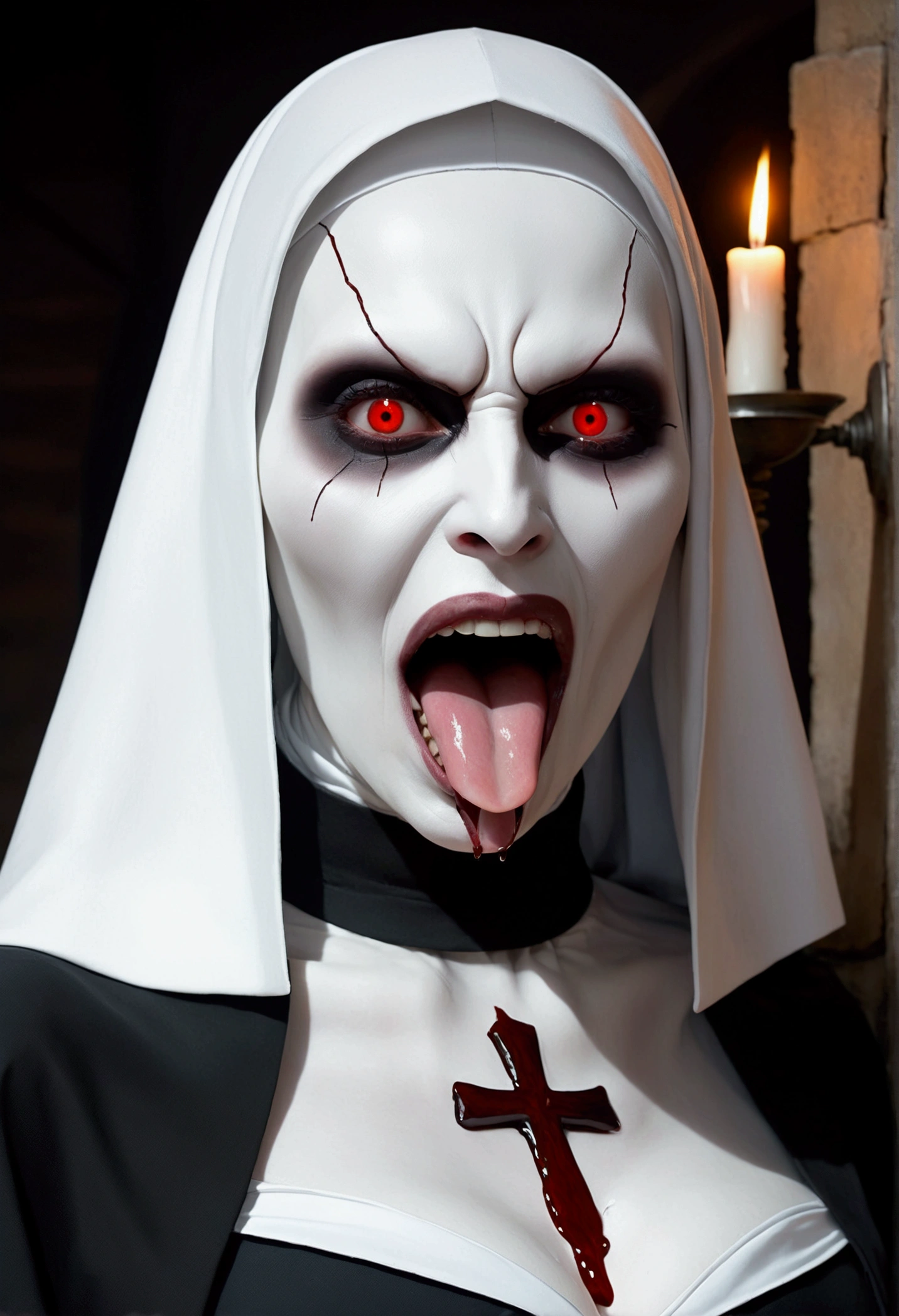 Creepy SEXY bonnie aarons valak, Sexy Valak, Valak Huge BREAST, Bonnie Aarons the body is wet with a transparent white and viscous liquid, sticking his tongue out with an erotic facial expression, Fat Vaginal, The nun, Red Eye, Very Long Tongue, huge breast, glowing breast