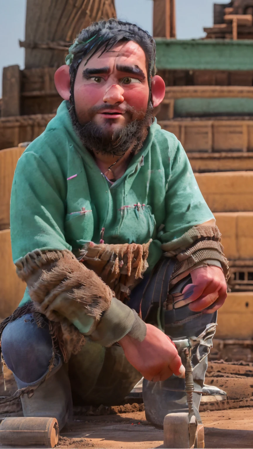 "Depict a tired laborer, middle-aged with a rugged appearance, sitting under a large tree. The laborer should have a peaceful expression, eyes closed, and a gentle smile. He is wearing simple work clothes, slightly dirty from the day's labor. The background shows a field or construction site indicating his work."