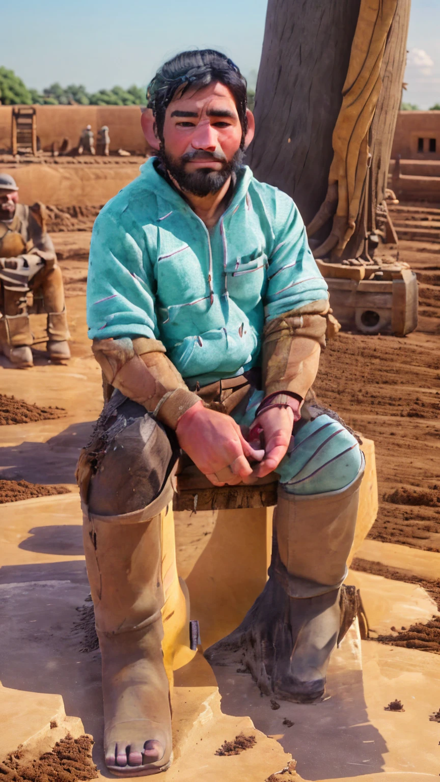 "Depict a tired laborer, middle-aged with a rugged appearance, sitting under a large tree. The laborer should have a peaceful expression, eyes closed, and a gentle smile. He is wearing simple work clothes, slightly dirty from the day's labor. The background shows a field or construction site indicating his work."