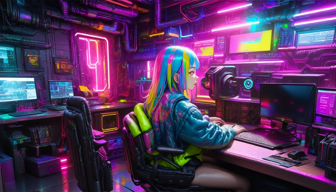 (best quality, masterpiece, ultra detailed, ultra high res, photorealistic, raw photo, absolutely resolution), Cyberpunk, 20 year old woman, sitting on a chair and working on a computer, mechanical room, neon, ((Colorful rooms, colorful clothes, colorful hair colors))