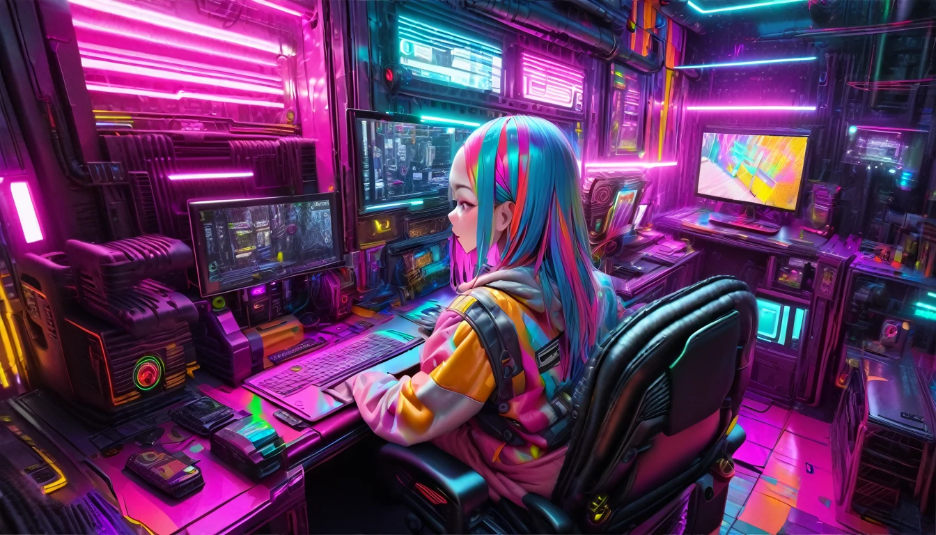 (best quality, masterpiece, ultra detailed, ultra high res, photorealistic, raw photo, absolutely resolution), Cyberpunk, 20 year old woman, sitting on a chair and working on a computer, mechanical room, neon, ((Colorful rooms, colorful clothes, colorful hair colors))