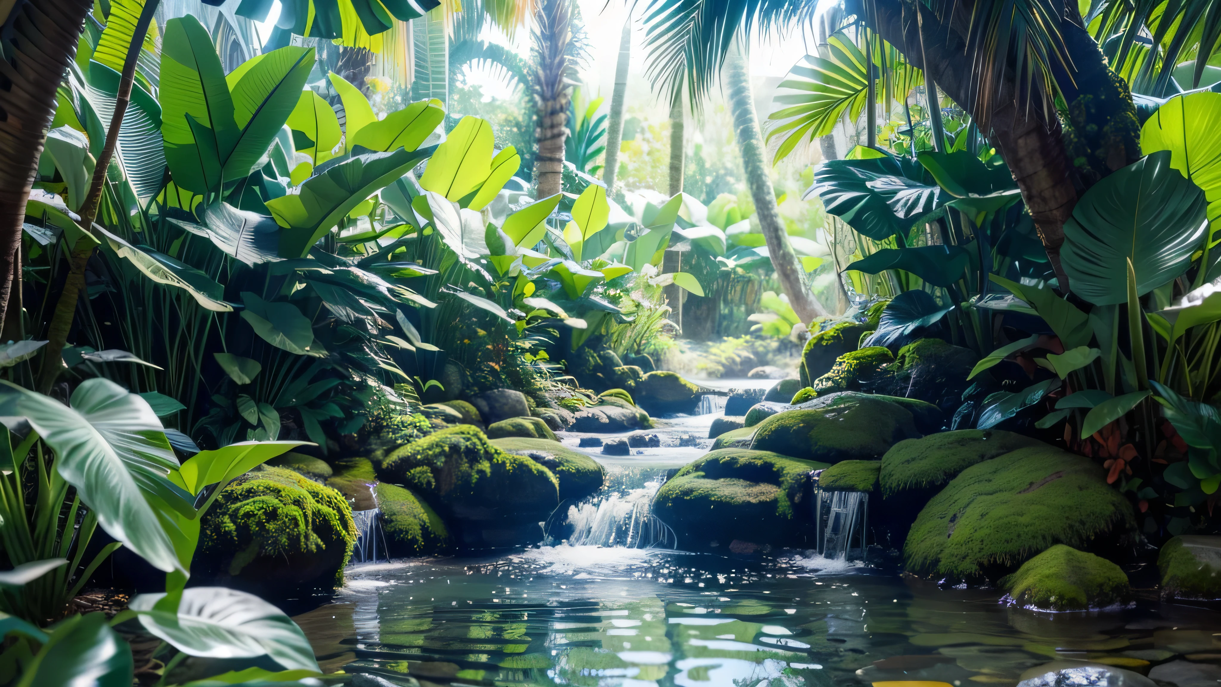 Ultra-detailed tropical forest with a small stream in the center.