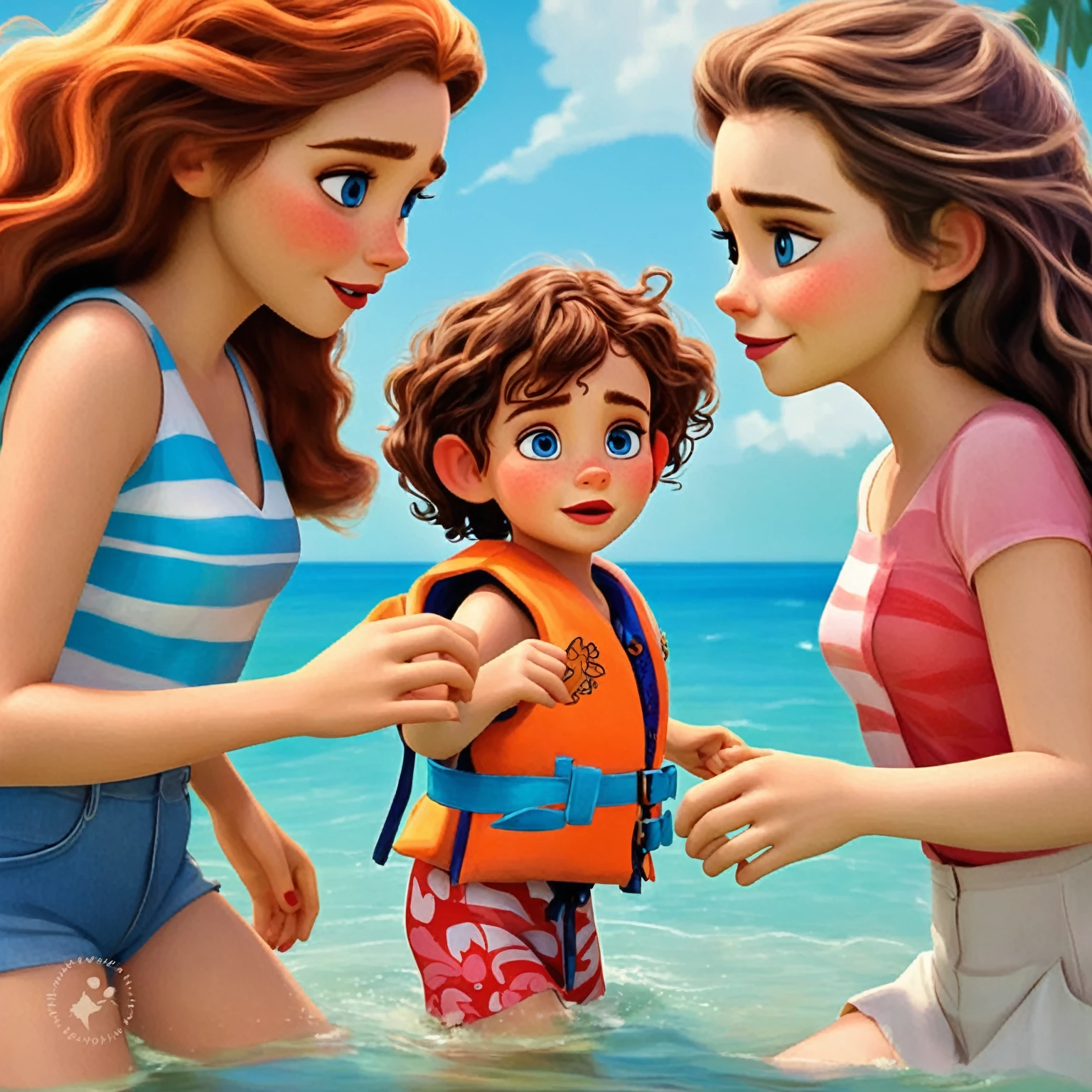 cartoon of two women one on each side pulling the hand of a in the middle of them, On a beach, sunny day, and the woman with the same may, the with the same bracelet as the woman in pink high quality Disney animation style