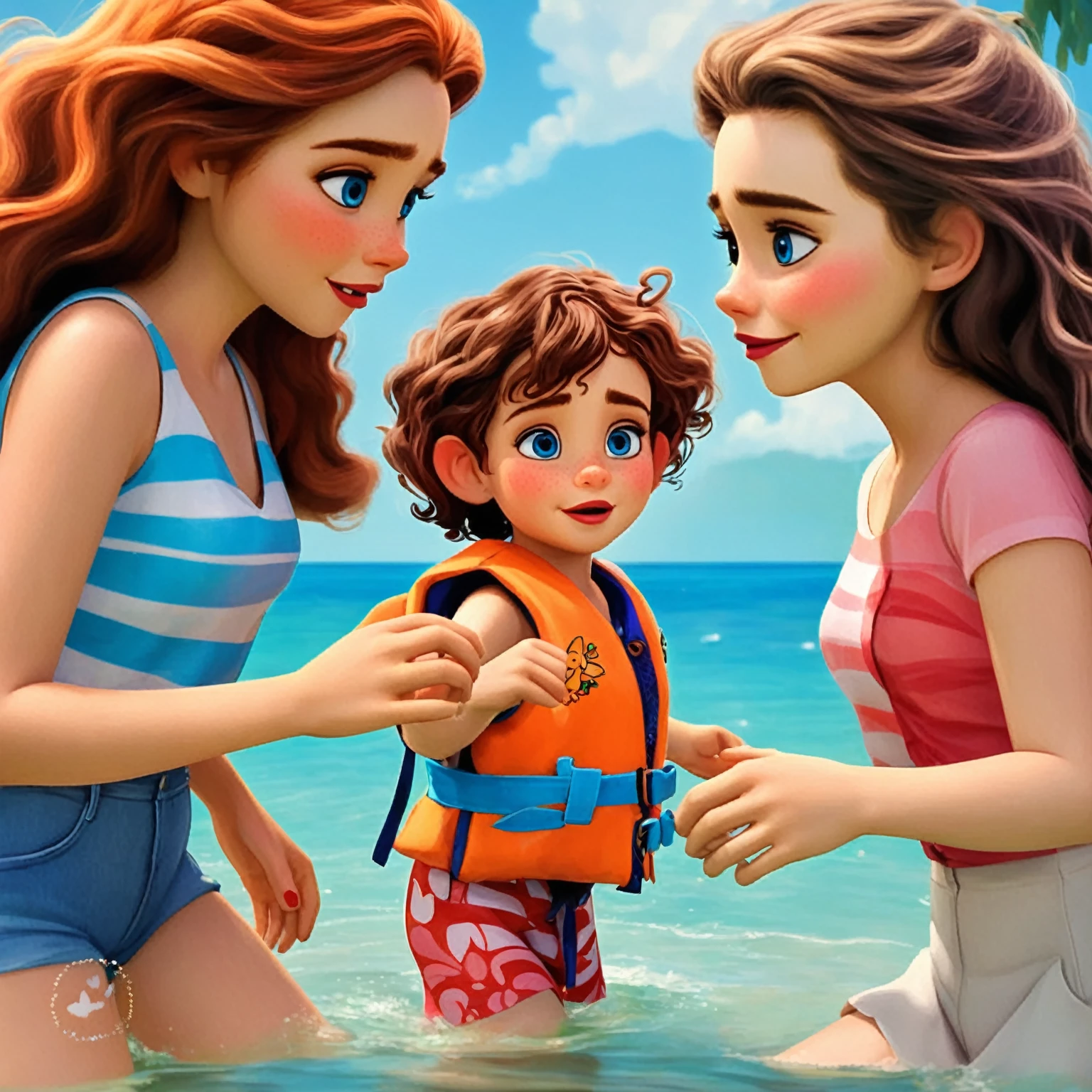 cartoon of two women one on each side pulling the hand of a  in the middle of them, On a beach, sunny day,  and the woman with the same may, the  with the same bracelet as the woman in pink high quality Disney animation style

