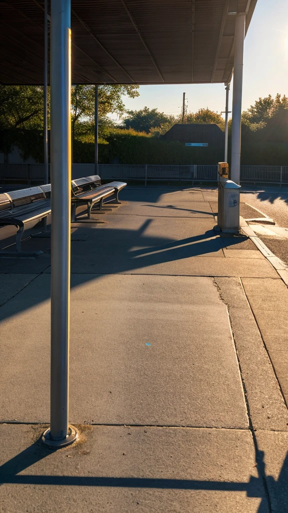 Imagine a photorealistic image of a deserted rest stop at dawn. The first rays of sunlight stretch across the pavement, casting long shadows from the empty picnic tables and trash cans. In the corner of the image, a lone figure sits on a bench, shrouded in the shadow of a pulled-up hood. As the viewer's eye follows the path Evan takes, the figure is gradually revealed to be Ella. The focus of the image tightens on their faces as they stand close, the morning light catching on Ella's skin and highlighting the unspoken emotions in their eyes.