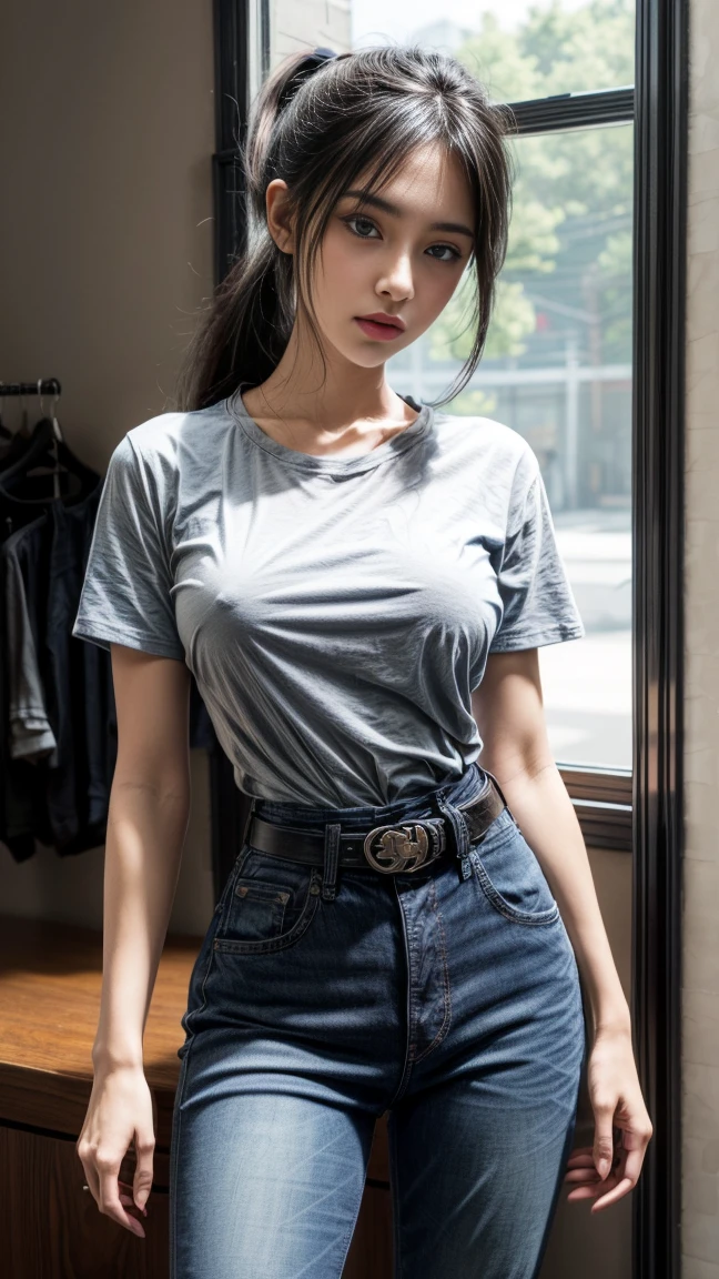 1girl, solo, long_hair, breasts, blue_eyes, large_breasts, shirt, black_hair, hair_ornament, jewelry, closed_mouth, upper_body, ponytail, short_sleeves, belt, pants, black_shirt, window, denim, curtains, jeans, shirt_tucked_in, yellow_belt