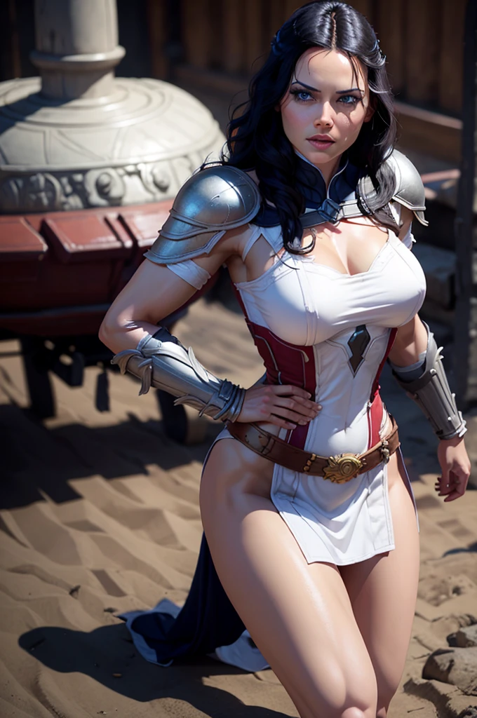Beautiful woman, voluptuous, big ass, full body, , (holding a sword and shield), sexual facial expression, superhero white costume, (sexy with bodysuit), (Glossy enamel white with gold details superhero cosplay), romantic background, UHD, 32k, 8k, ((STRAIGHT HAIR)), dark skin, dripping wet, wet body, , (huge breasts:1.1), (huge breasts:1.1), ((Standing in the middle TOP OF A HIGH ROCKY MOUNTAIN, SUNSET, BLUE SKY,)), (holding a sword and shield),, (Thick thighs:1.2)