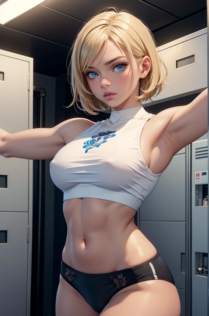 (masterpiece, high quality), 1girl,  face, Caucasian, short blond hair, blue eyes, -yeld, gyocker room, (black panties), white crop top, strong arms, muscular, flat chest, hyper detailed, Intricate design, Luminous, 4K, 8K, Cinematic lighting, Contour lighting, bright, soft light