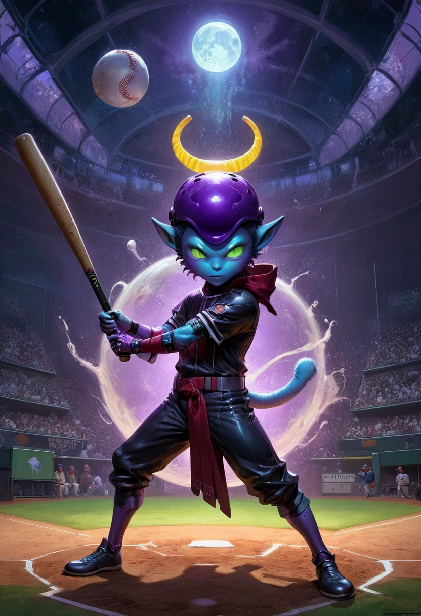 1boy, baseball player, batting stance, (alien dressed as a baseball player, batting) a masterpiece, 8k resolution, dark fantasy concept art, by Greg Rutkowski, dynamic lighting, hyperdetailed, intricately detailed, Splash screen art, trending on Artstation, deep color, Unreal Engine, volumetric lighting, Alphonse Mucha, Jordan Grimmer, purple and yellow complementary colours, masterpiece, best quality, very aesthetic, absurdres
