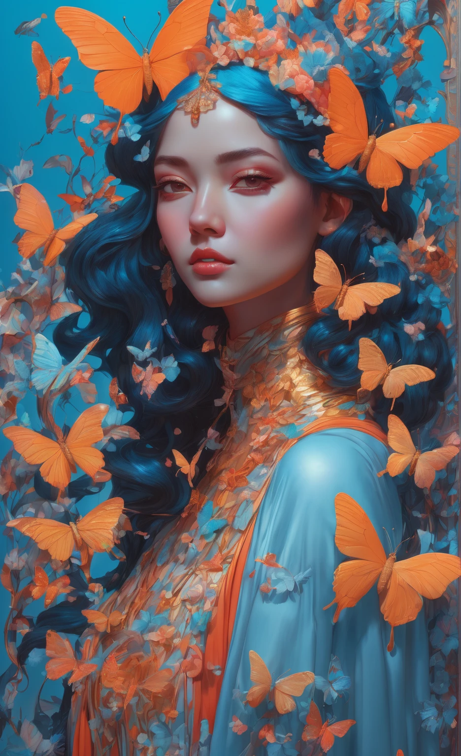 Arabian woman with flower wreath and butterflies, James Jean and Urop, Beeple and James Jean, James Jean Soft Light 4K, James Jean Soft Light 4K, Weta Studios and James Jean, 3D neon art of female body, james jean artwork, JamesJean」, Inspired by James Jean, Beeple and Alphonse Mucha