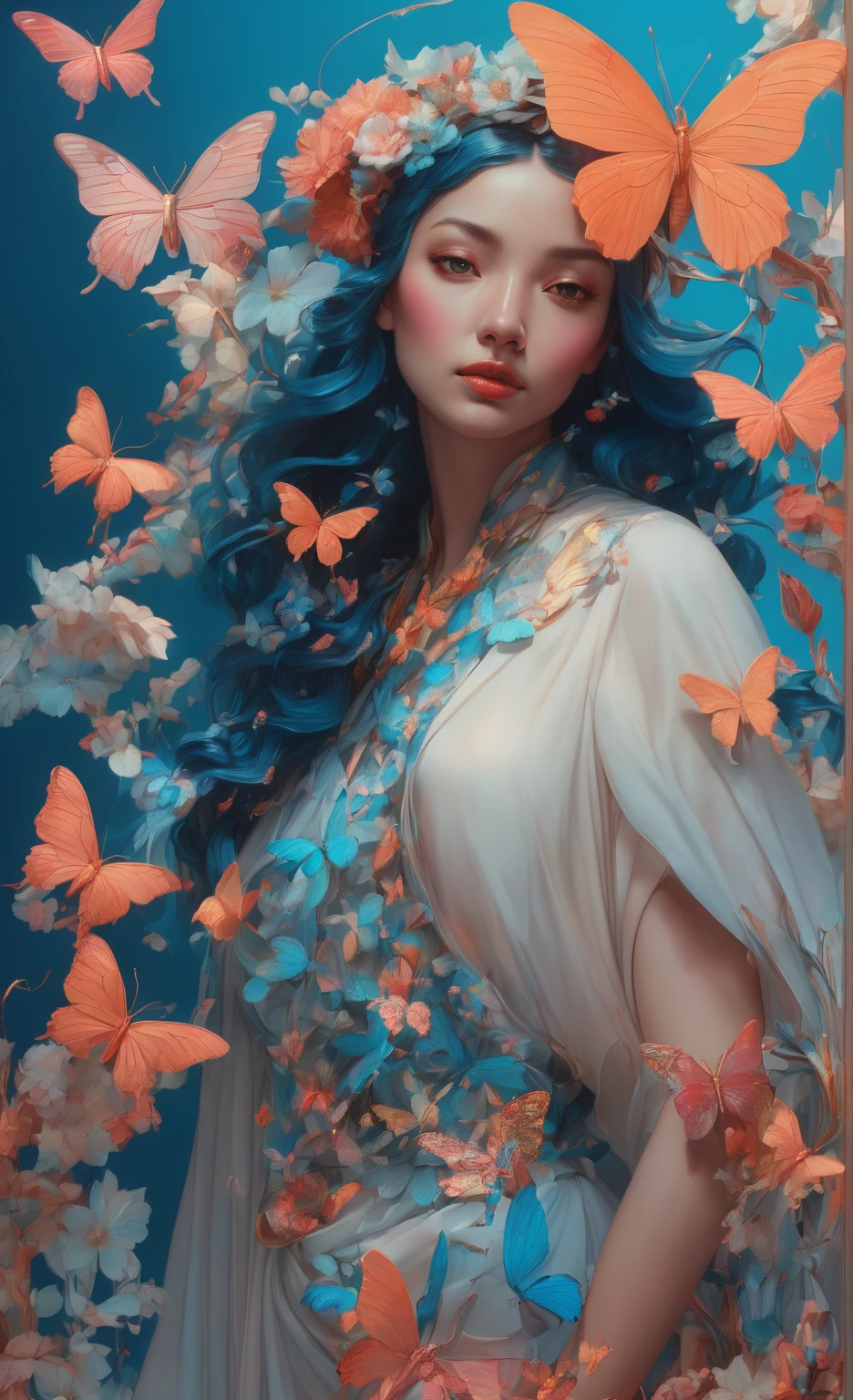 Arabian woman with flower wreath and butterflies, James Jean and Urop, Beeple and James Jean, James Jean Soft Light 4K, James Jean Soft Light 4K, Weta Studios and James Jean, 3D neon art of female body, james jean artwork, JamesJean」, Inspired by James Jean, Beeple and Alphonse Mucha