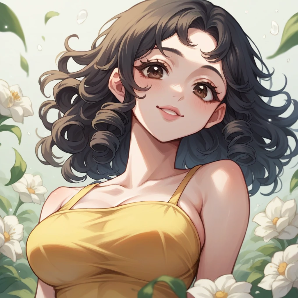 black hair, length below the shoulders,  with curls, girl, marked clavicle,skinny, Brown eyes, cachetona, splash nose,almond eyes, long eyelashes, thick fleshy and pink lips, big breasts, yellow dress with white flowers and a tender smile With light freckles 