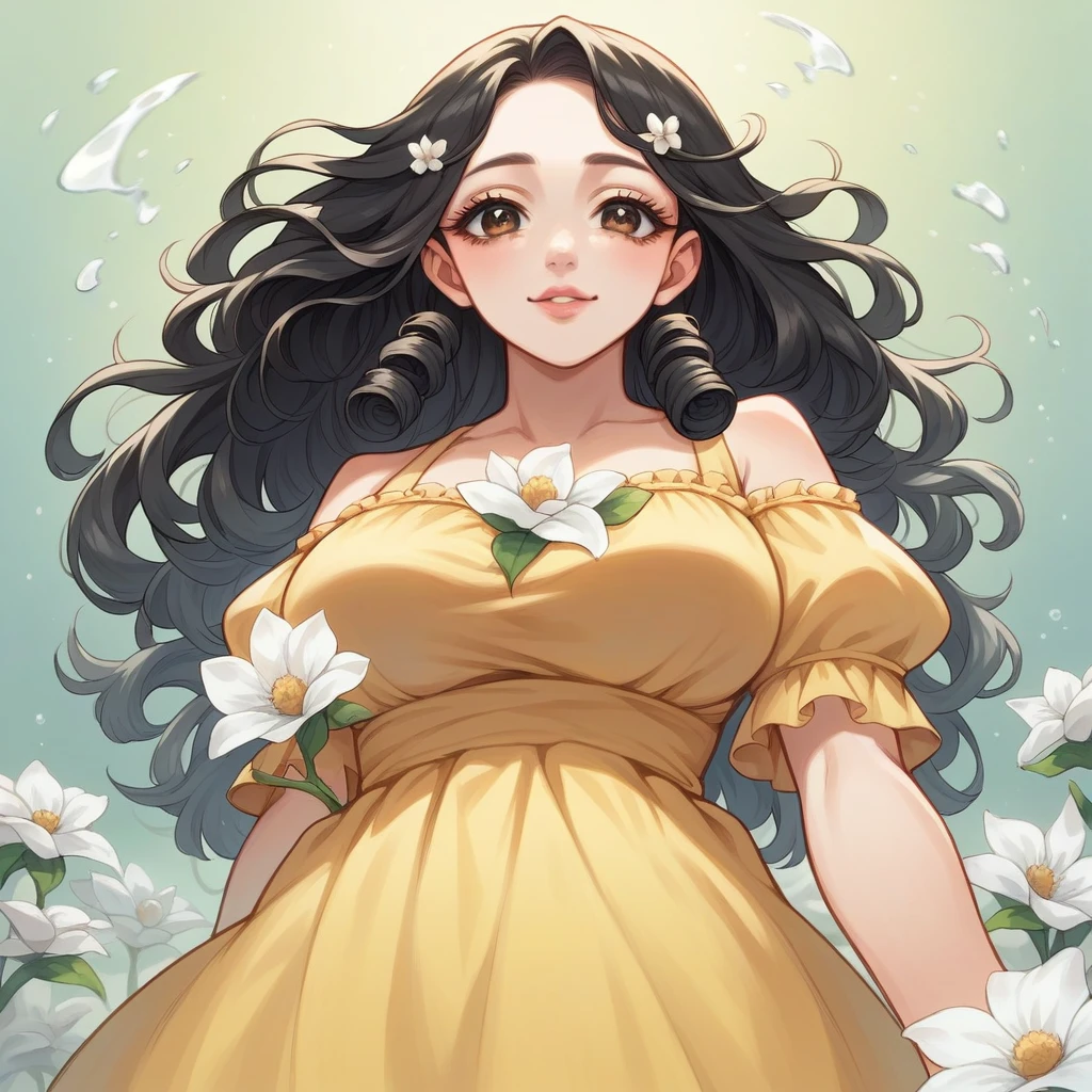 black hair, length below the shoulders,  with curls, girl, marked clavicle,skinny, Brown eyes, cachetona, splash nose,almond eyes, long eyelashes, thick fleshy and pink lips, big breasts, yellow dress with white flowers and a tender smile With light freckles 
