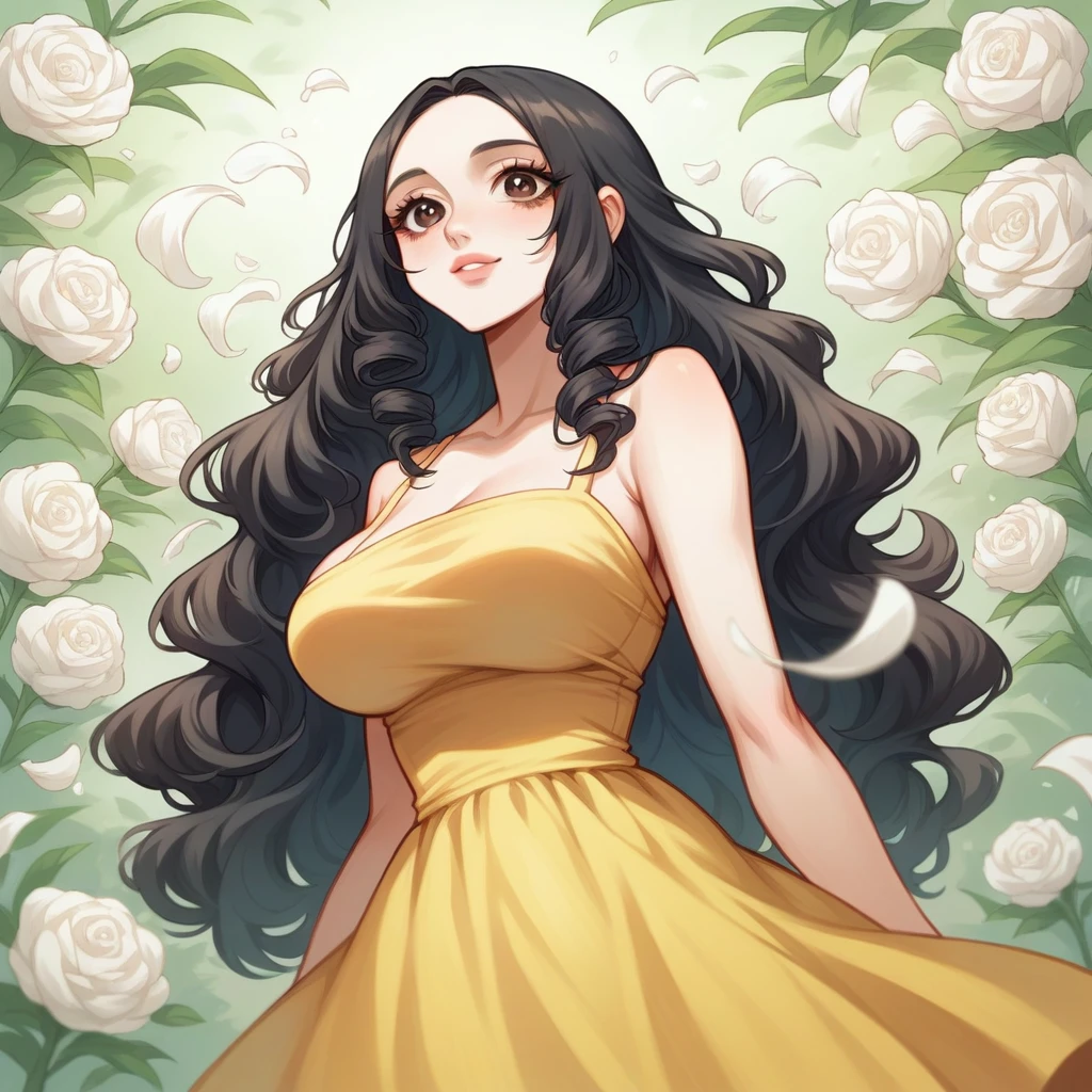 black hair, length below the shoulders,  with curls, girl, marked clavicle,skinny, Brown eyes, cachetona, splash nose,almond eyes, long eyelashes, thick fleshy and pink lips, big breasts, yellow dress with white flowers and a tender smile With light freckles 