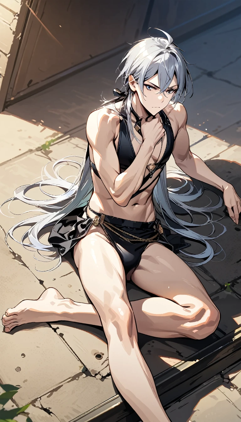 absurdres, highres, ultra detailed, super fine illustration, best quality, 1boy, perfect anatomy, male focus, solo, (dark-skinned:0.8) male, silver hair, long hair, black bikini, bare shoulders, bare arms, bare legs, &lt;lora:_L2090:-0.6&gt; &lt;lora:flat:-0.2&gt;