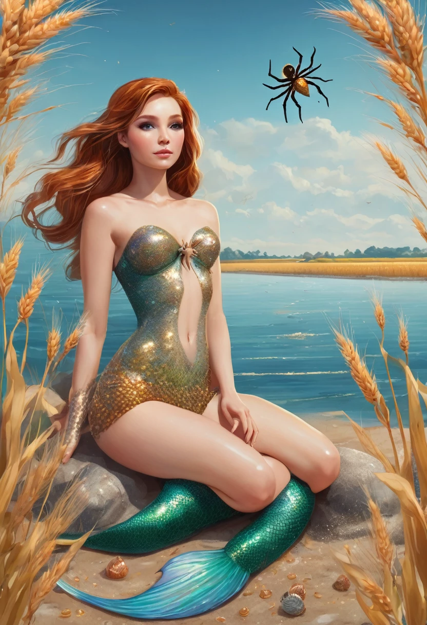 Mermaid lying on the seashore, with a little spider next to it and its perfect web. Next to a wheat field