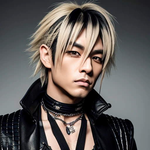 1 japanese male rocker, asien eyes, Visual Kai hairstyle, ultra detailed face and body, hyperrealistic, realistic representation, muscular, broad shoulders, tattoos gothic style, Visual Kei style, hairstyle Visual Kei, blond, 40 years old, age 40 outfit gothic streampunk, men's shirt and black pants, Asian eyes, eyes Asian, long hair, long hair
