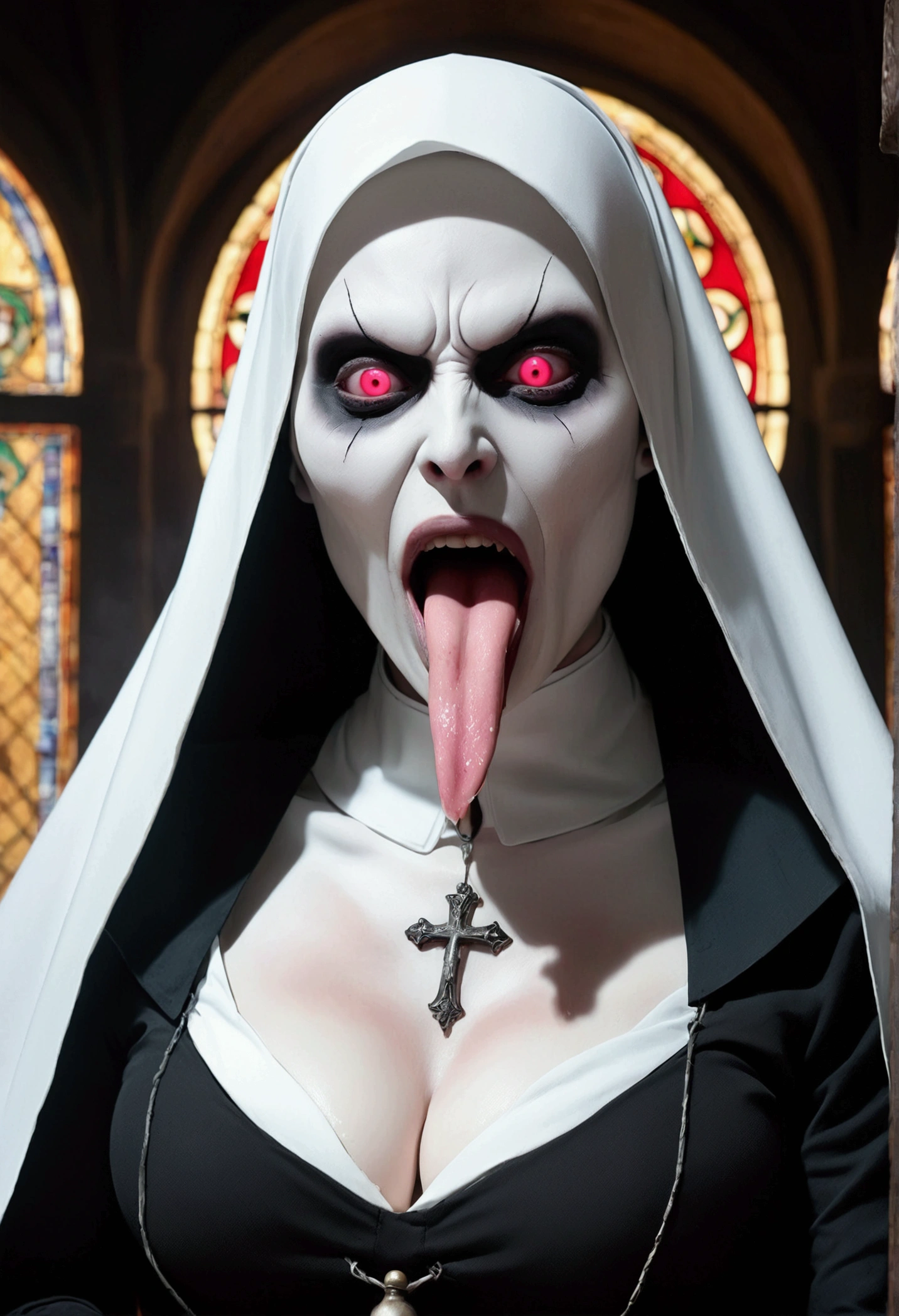 Creepy SEXY bonnie aarons valak, Sexy Valak, Valak Huge BREAST, Bonnie Aarons the body is wet with a transparent white and viscous liquid, sticking his tongue out with an erotic facial expression, Fat Vaginal, The nun, Red Eye, Very Long Tongue, Pink nipple