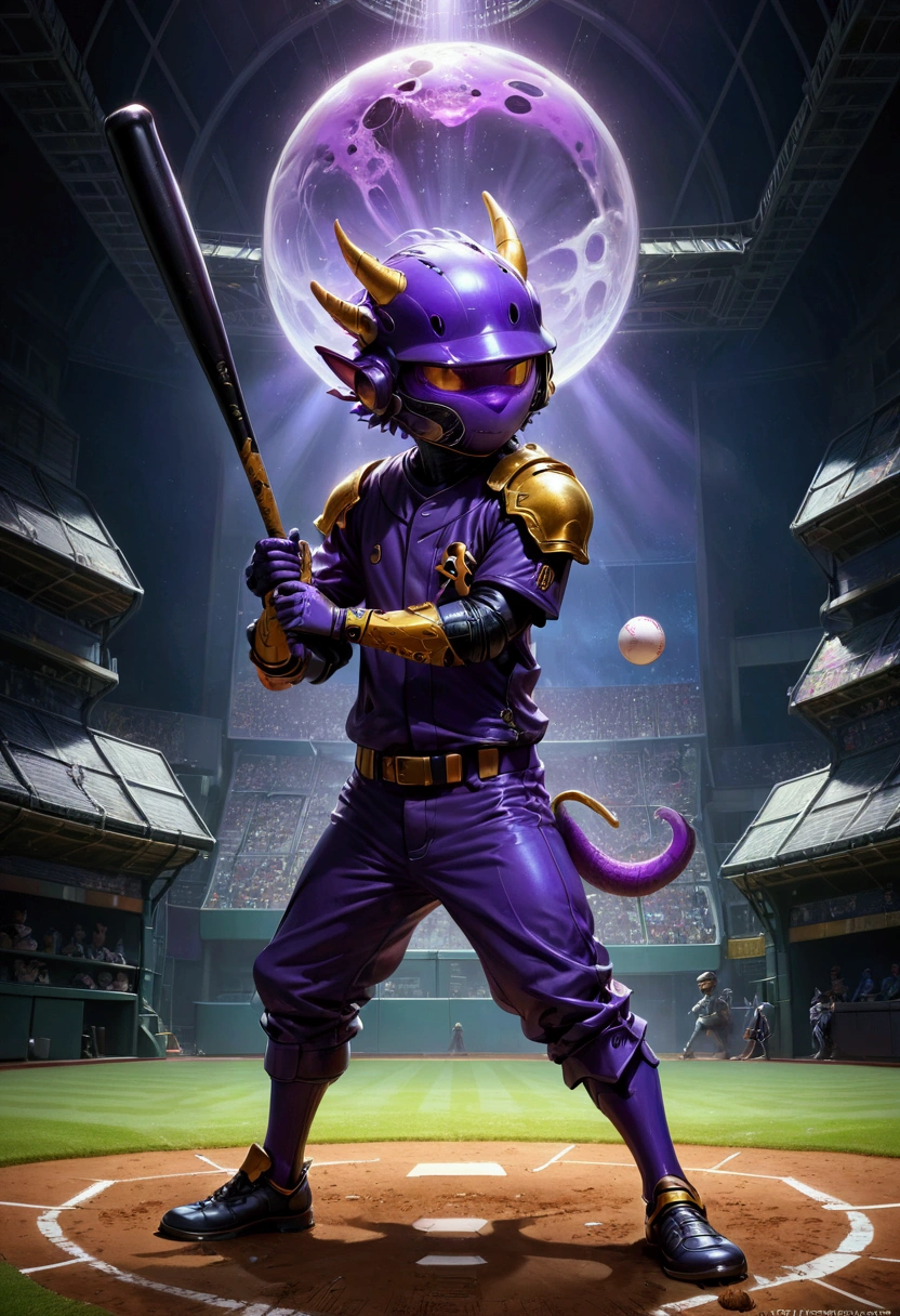 1boy, baseball player, batting stance, (alien dressed as a baseball player, batting) a masterpiece, 8k resolution, dark fantasy concept art, by Greg Rutkowski, dynamic lighting, hyperdetailed, intricately detailed, Splash screen art, trending on Artstation, deep color, Unreal Engine, volumetric lighting, Alphonse Mucha, Jordan Grimmer, purple and yellow complementary colours, masterpiece, best quality, very aesthetic, absurdres