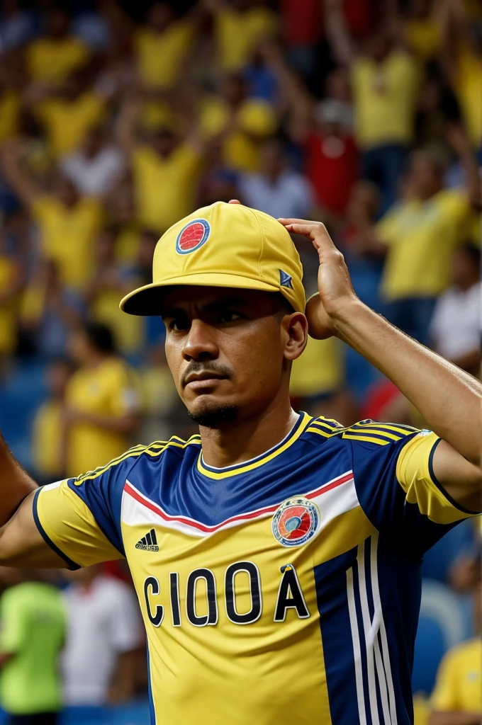 A man wearing the Colombia national team shirt with the name Ewller watching a game