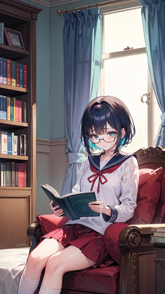 (masterpiece), (best quality), ((very detailed)), (very delicate), (A young girl),-yeld gi ash short hair. Soft, shiny hair. Clear cyan droopy eyes, long bangs covering her eyes. Wears glasses to avoid eye contact., Neat sailor uniform with a luxurious red ribbon at the neck, Luxurious room with bookshelves and fancy furniture. Often reading books,Shy, always looking down, lacking confidence, on the verge of tears